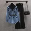 Korean Autumn Style Personalized Denim Splice Shirt Casual Wide Leg Trousers Two Piece Elegant Women's Pants Set 231221