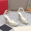 Peep Toes Platform Sandals Gehuine Leather high-heeled ankle strap chunky heels 130mm Silk rhinestone Women Luxury Designers Dress Evening Party shoes