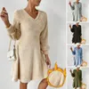 Casual Dresses Women V-neck Dress Cozy Plush V Neck Women's Winter With A-line Hem Long Sleeves For Warmth Style Solid Color