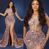 Robes de bal luxueuses scintillantes Aso Ebi illusion sirène paillettes manches longues en dentelle robes de soirée formelles pour occasions spéciales robes de fête d'anniversaire AM244