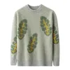 Men's Sweaters Wool Sweater Leaf Jacquard Knitted Pullover Round Neck Thickened Warm Cashmere Base Loose Casual Korean Tops