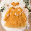 Girl's Dresses Newborn Baby Girl Romper Dress Long Sleeve Flowers Print Tulle Bodysuit Yellow Spring Autumn Dress with Headband ClothesL231222