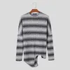 Men's T Shirts Fashion Casual Style Tops INCERUN Men Horizontal Stripe Contrast Irregular Hem T-shirts O-Neck Knitted Long Sleeve T-shirt