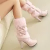 Moda zimowa damska buty na wysokim obcasie różowy biały czarny futra futra bowtie cudowne lolita lady zip imprezowy buty ślubne 3343 231221