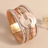 Charm Bracelets Amorcome Trendy Gold Color Round Metal Square Rhinestones Multilayer Wrap Bracelet Leather Jewelry For Women