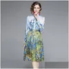 Arbetsklänningar Kvinnuttryckt Bow Dress Long Sleeve 2022 Spring Autumn High-End Elegant Lady Floral Office Party Drop Delivery Apparel C DHJF5