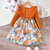 Girl's Dresses Girls' Autumn New Round Neck Lace Bow Spliced Print Long Sleeve Dress