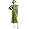 Lantern Sleeve Green Party Pleated Dress Woman Vintage Designer O-Neck Slim Beading Vacation Boho Maxi Dresses 2024 Spring Fall Runway Elegant Fit Cocktail Ballgown