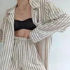 Minoria de sono feminina minoria retro algodão listrado solto de manga longa pijamas pijama de duas peças com comércio exterior suprimentos femininos '