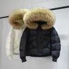 Lagabogy Big Real Raccoon Furtura zimowa kurtka puffer Kobiety Krótki biały kaczek w dół płaszcz luźne ciepłe żeńskie wodoodporne hood parka 231221