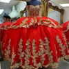 Rosso fuori dalla spalla Quinceanera Dresse Lace-up Corce Corna perle Gold Appliques perle in pizzo per perle di promo