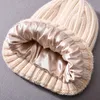 Kış ipek saten astarlı bere şapkaları kadınlar erkekler unisex kalın tıknaz kapalı çizgili sıcak yumuşak yüksek kaliteli kaşmir örme bere şapka 231221