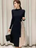 Automne hiver élégant femmes midi robe Lady Vintage décontractée chic tricotée noire extensible ceinture plissée robe de rue vestide 231222