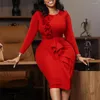 Etnik Giyim Retro Düz Renkli Kalem Elbise Kadınlar Tasarım fırfırları fermuarlı dekor o boyunduruk uzun kolu yüksek bel ince kalça Afrikalı