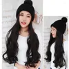 Берец вязаная шляпа с волосами, прикрепленными к женщинам Beanie Wig Long Wavy Extension Fluffy Drop