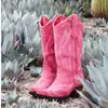 skor rosa cowboy stövlar midcalf hög cowgirl botas kvinnors vintage broderade tryckta ridtövlar pu läder mode damer skor