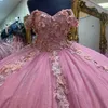 Mexicaans roze glanzende quinceanera jurken uit schouder 3D bloemen applique kanten kralen kogel jurk zoet korset vestido 15 de