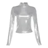 Y2K Crop Top Silver Mock Neck Long Sleeve Tees Metallic Shiny Sexy Tight T Shirts For Women Clothing 2023 C96 BZ16 231222