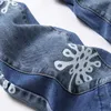 Jeans micro-flaudados lidosos calças de costura impressas de jeans com estampa azul de primavera outono de calça denim bordada no meio da cintura