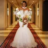 Suknie ślubne ASO EBI Wysokie szyja Elegancka długie rękawy Iluzja Tiul Tiul Koronki Kryształowe Kryształy Bridal Sukienka dla afrykańskiej Black Women Bridal Suknie CDW165