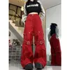 Damesjeans Deeptown Red Y2K Baggy Women Vintage Koreaanse mode Detachable denim broek Kpop oversized broek streetwear baddie punk