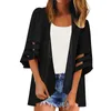 Kvinnors blusar Kvinnor Pure Color Shirts Fashion Mesh Panel 3/4 Bell Sleeve Shirt Chiffon Cardigan Top Casual Loose Female Without Button