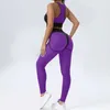 Yoga -outfit Women Pak For Fitness Mesh Gym Sets Womens Outfits Transparante Sport Leggings Set Women 2023 Tweede stuk workout Kleding Purplel231221
