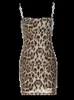 Dulzura Leopard Print Spaghetti Shoulder Strap Square Collar Mini Dress Sparkly Sequins Summer Women Party Club Y2K Clothes 231222