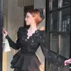 Blouses femininas renda vintage para mulheres elegantes estéticos franceses em V roupas de manga longa de manga comprida etono de inverno mais velas cortadas de veludo