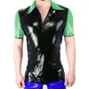 Men's T Shirts Glossy PVC Men Patchwork Turn-down Neck Short Sleeve Sexy Faux Latex T-Shirt Tops Casual Streetwear Party S-7XL