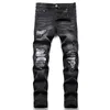 Mäns jeans män knäckt blå veckad patch cyklist jeans streetwear hål rippade nödläge lapptäcke stretch denim byxor smala magra byxor j231222