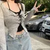 Kvinnors T-skjortor långärmad snörning Girl Slim Croped T-shirts Sexig grimma Top Summer Two Pieces Set Korean Casual Fashion Street Tops