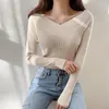 Kadın Sweaters Düz Renk İnce Uygun İç V Yastığı Tek Omuzlu Süvari Sonbahar ve Kış Altını Uzun Kollu Üst