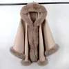 Veste châle chaude en cachemire pour femme, 2023 laine, avec col en vraie fourrure, cape épaisse à capuche, manteau de luxe, collection automne-hiver 100, 231222