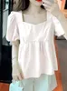 Kvinnors blusar Vonda Summer Ruffled Tunic Tops 2023 Kvinnor Fashion Sexig fyrkantig krage Kort ärm Solid Color Shirts Casual Blusas