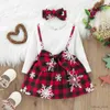 Flickans klänningar 0-6 år gammal vårens höstmodell Girl Baby Christmas Day Fake Two-Piece Paneled Snowflake Print Bow Long Sleeve Dress