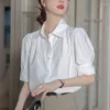 Kvinnors blusar vintage franska topp kvinnor 2023 sommarblå knapp upp skjortan kontor lady mode lapel kort ärm affärsblu