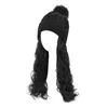 Берец вязаная шляпа с волосами, прикрепленными к женщинам Beanie Wig Long Wavy Extension Fluffy Drop