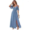 Casual jurken vrouwen elegante bruiloft bruidsmeisje jurk groen off schouder korte ruches mouw split cocktail prom sexy maxi feestjurken