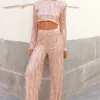 Women's Two Piece Pants Tassel SequinWomen Party Elegant O-Neck Silver Bright Silk Long Sleeves Bling 2 Set Modern Ladies Streetwear