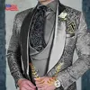 Floral Mens Floral Suit Mariage Groom Tuxedo Trois pièces Black Party Robe Slim Fit Design Elegant 231221