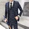남자 정장 (재킷 조끼 바지) 패션 부티크 격자 무늬 공식 비즈니스 정장 슬림 웨딩 남성 베이지 색 회색 검은 블루
