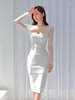 Casual Dresses Korean Fashion Ladies Solid Evening One Piece Dress Women Clothing Elegant Sheer Sexy Slim Midi Party Prom Robe Mujer