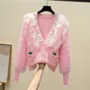 French Style Flower Heavy Industry Beads Ruffled Pink Sweater Women's Autumn Winter High Sense Long Sleeve Knitted Cardigan 231221