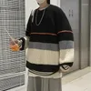 남자 스웨터 남자 줄무늬 겨울 따뜻한 한국 패션 스트리트웨어 느슨한 캐주얼 니트 풀오버하라 주쿠 O 목 스웨터 남성 의류