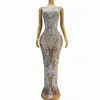 Bühnenbekleidung sexy nacktes Mesh transparent silberne Strasskristalle Kleid Geburtstag Feiern Sie Multicolon Stones Outfit Prom Partykleider