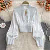 Blouses feminina Mulheres chiques O-pescoço Hollow Out Rhinestone Puff Sleeve Long Slod Slim Sexy Moda Coreana Camisa de Verão