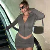 Work Dresses Dark Grey Short Skirts 2 Piece Set For Women Sexy Zipper Turtleneck Irregular Crop Top Mini Skinny Clubwear Outfits