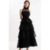 Casual Dresses Ruffle Layer Black Mesh Transparent Summer Beach Elegant Woman Party Dress Sleeveless Celebrity Maxi Long Ladies Gown