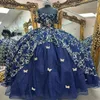 Marinblå quinceanera klänningar bollklänning applikation spetsbåge formella prom examen klänningar söt 16 klänning vestidos 15 de xv anos